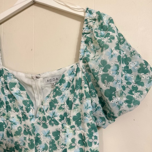 ACOA blue and green floral eyelet bustier puff sleeve dress (M) - Picture 5 of 6